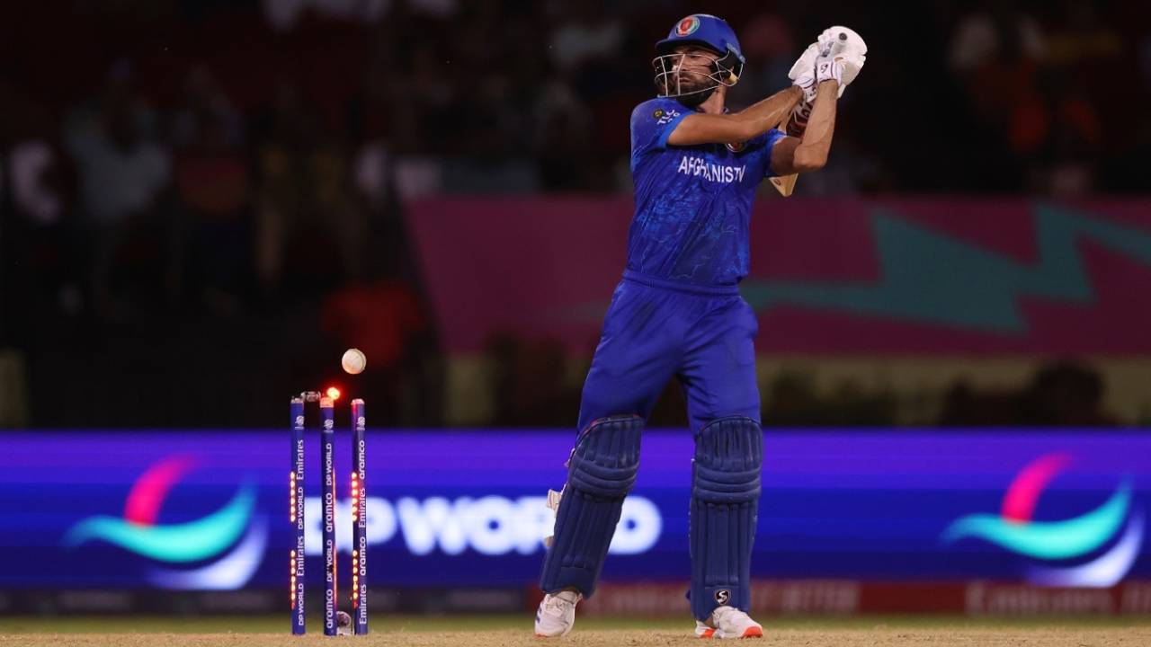 Ibrahim Zadran inside edged a short ball onto the stumps, New Zealand vs Afghanistan, T20 World Cup 2024, Guyana, June 7, 2024