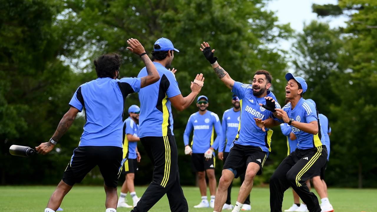 The India players get around Virat Kohli during a warm-up session, T20 World Cup 2024, New York, June 7, 2024