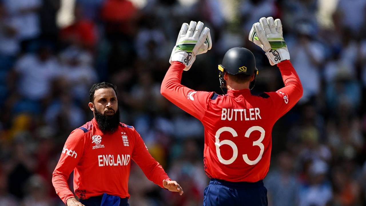 Adil Rashid gets a pair of high fives from his captain, Australia vs England, T20 World Cup 2024, Bridgetown, June 8, 2024