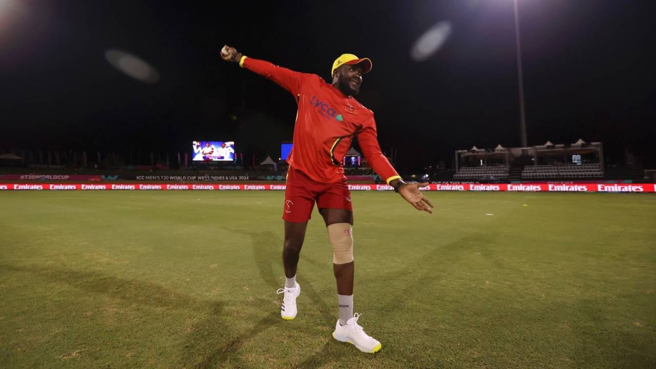 Roger Mukasa rolls his arm over, West Indies vs Uganda, Men's T20 World Cup 2024, Guyana, June 8, 2024