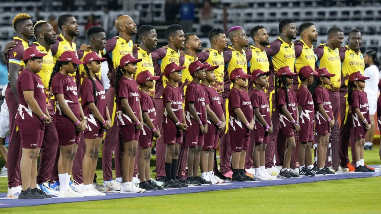 West Indies line up for the anthem, West Indies vs Uganda, Men's T20 World Cup 2024, Guyana, June 8, 2024