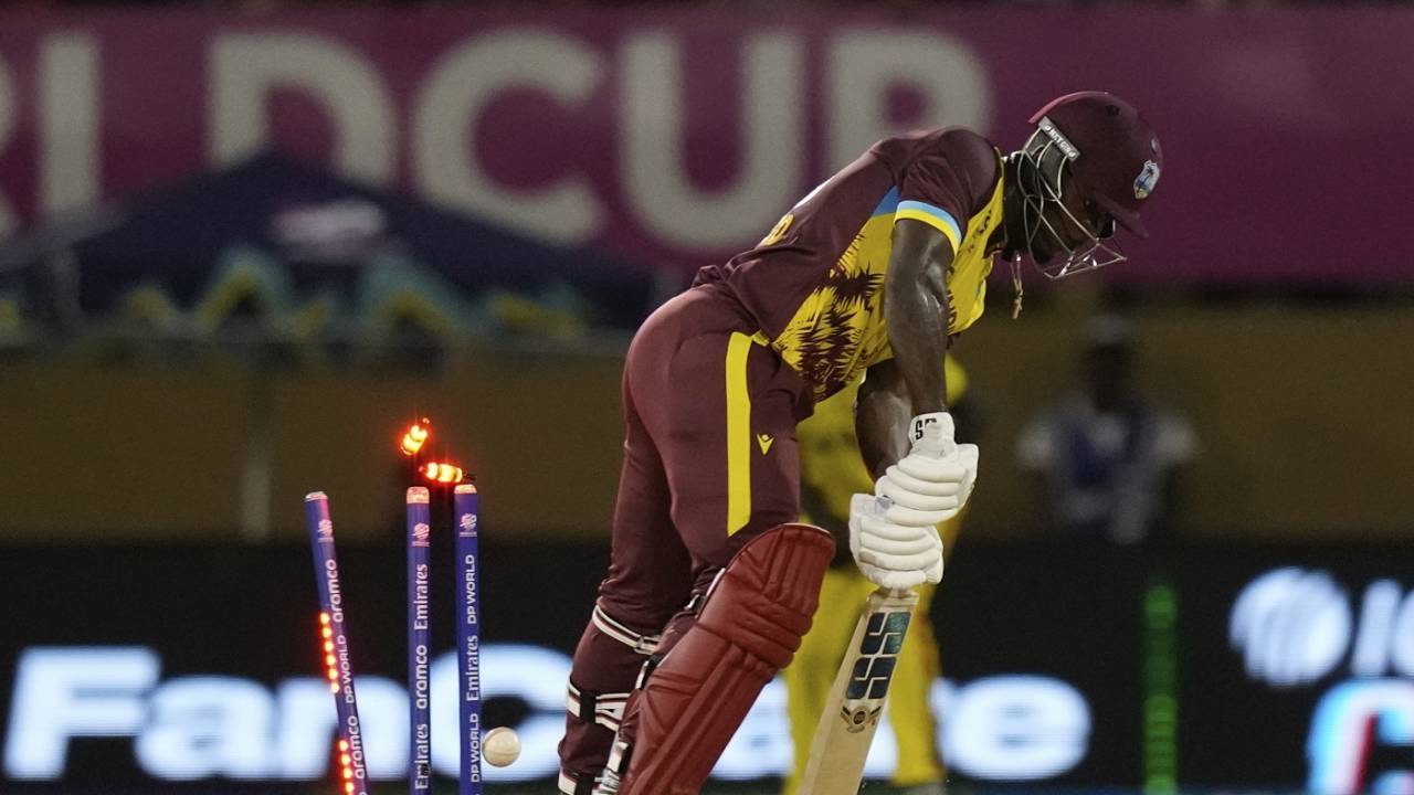 Sherfane Rutherford couldn't keep out a perfect Cosmas Kyewuta yorker, West Indies vs Uganda, Men's T20 World Cup 2024, Guyana, June 8, 2024