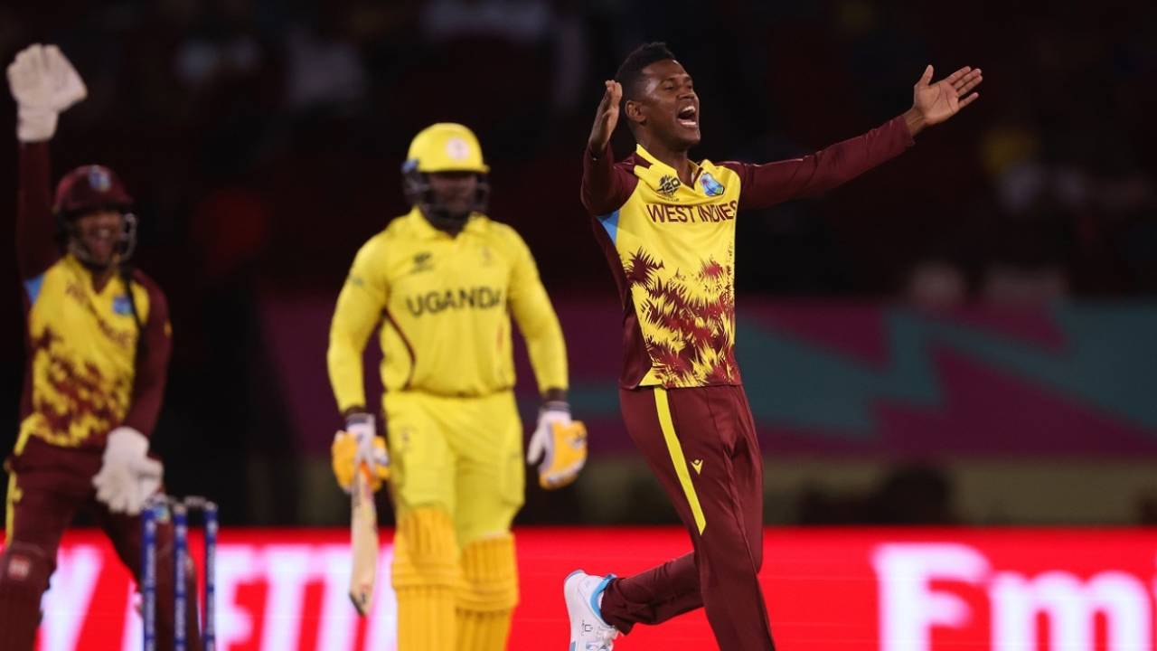 Akeal Hosein struck on the second ball of the chase, West Indies vs Uganda, Men's T20 World Cup 2024, Guyana, June 8, 2024