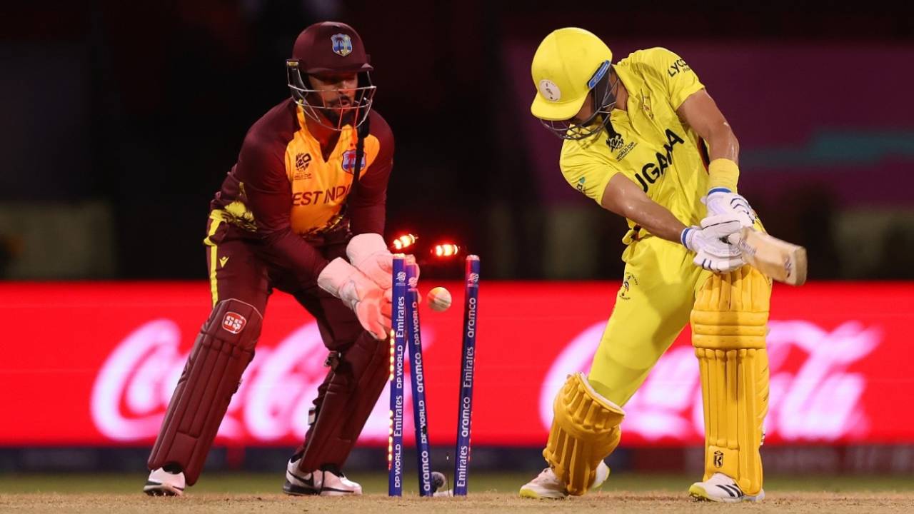 Riazat Ali Shah was done in by an inswinging arm ball, West Indies vs Uganda, Men's T20 World Cup 2024, Guyana, June 8, 2024