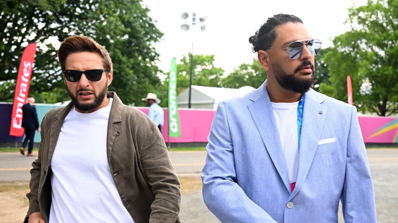 Shahid Afridi and Yuvraj Singh arrive for the match, India vs Pakistan, T20 World Cup 2024, New York, June 9, 2024