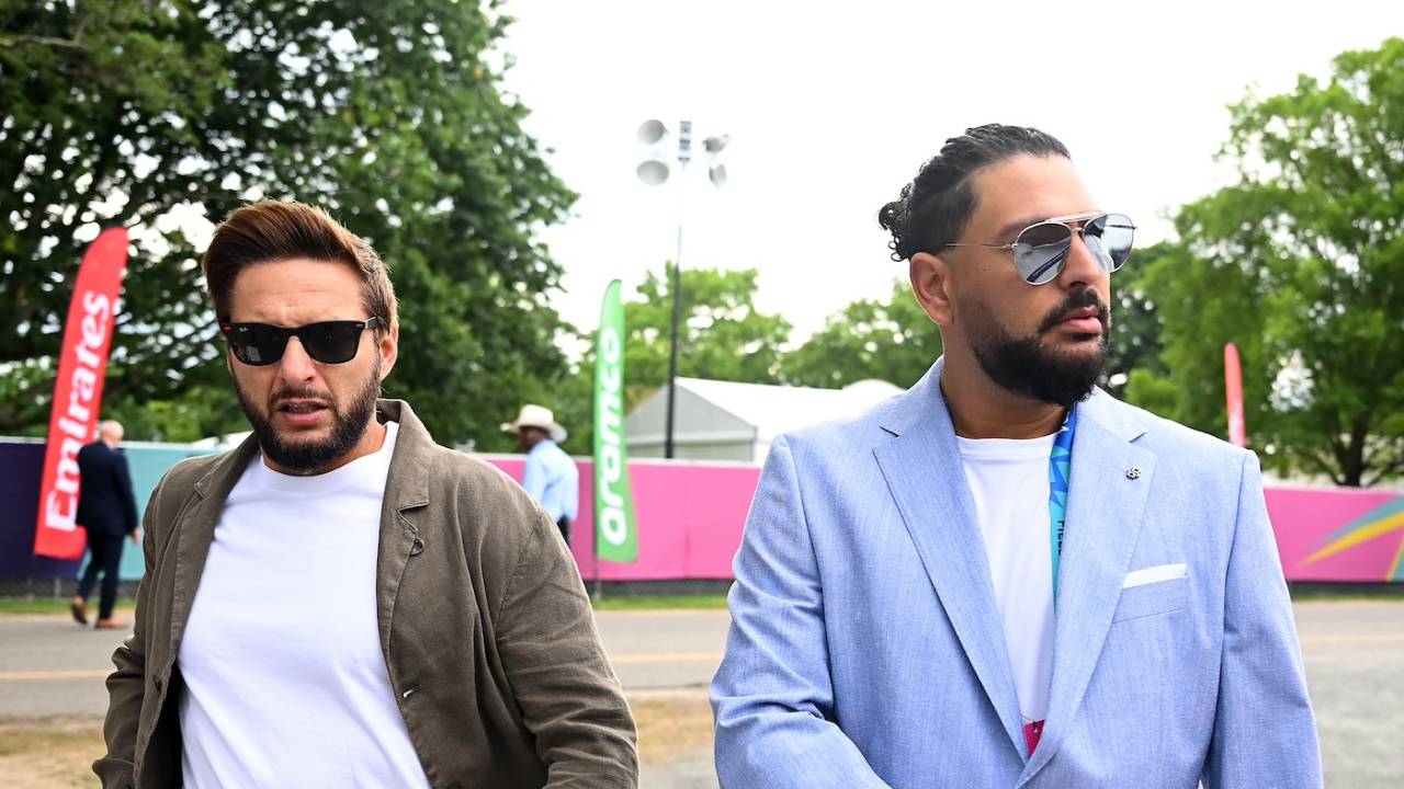Shahid Afridi and Yuvraj Singh arrive for the match, India vs Pakistan, T20 World Cup 2024, New York, June 9, 2024