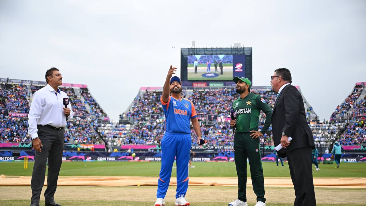 It's nice and relaxed as Rohit Sharma flips the coin and Babar Azam calls, India vs Pakistan, T20 World Cup 2024, New York, June 9, 2024