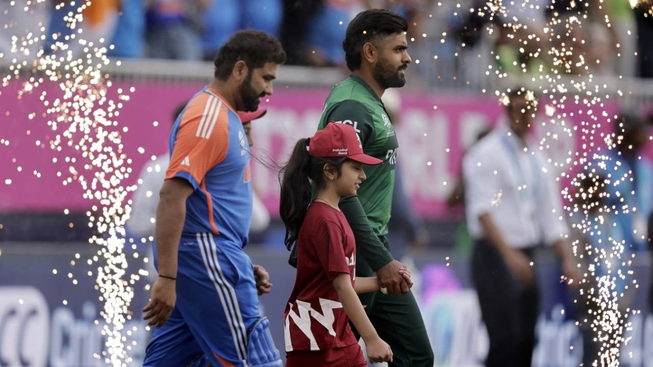 Rohit Sharma and Babar Azam walk out for the all-important clash, India vs Pakistan, T20 World Cup 2024, New York, June 9, 2024