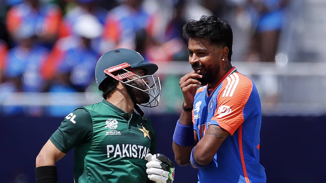 It's all rather friendly out there, between Mohammad Rizwan and Hardik Pandya, India vs Pakistan, T20 World Cup 2024, New York, June 9, 2024