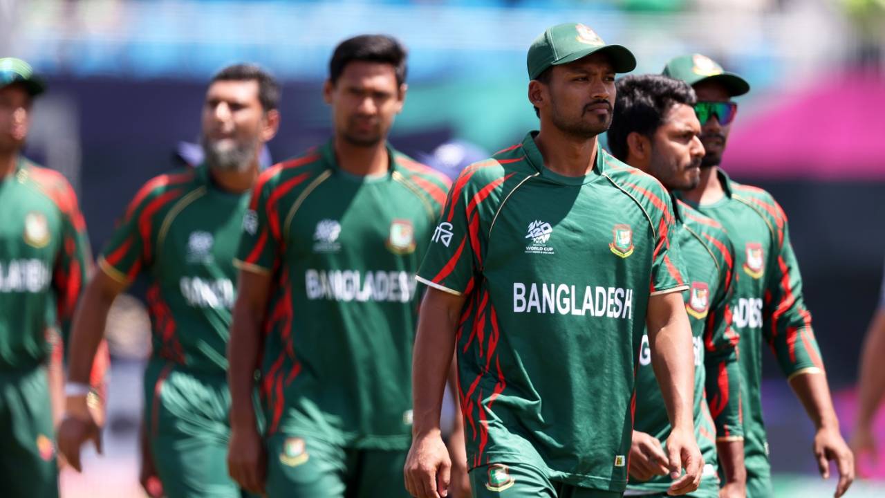 Najmul Hosain Shantowears a dejected look as he walks off the field, Bangladesh vs South Africa, T20 World Cup 2024, New York, June 10, 2024