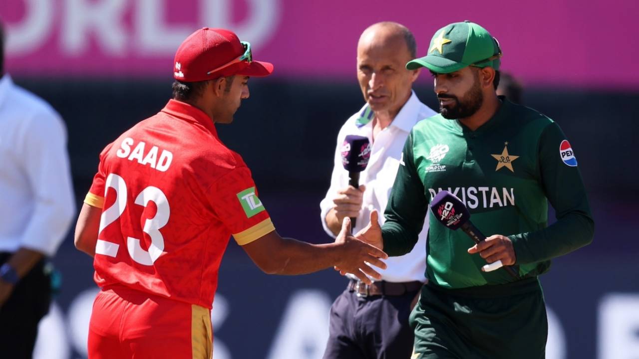 Saad bin Zafar and Babar Azam greet each other at the toss, Canada vs Pakistan, T20 World Cup 2024, New York, June 11, 2024