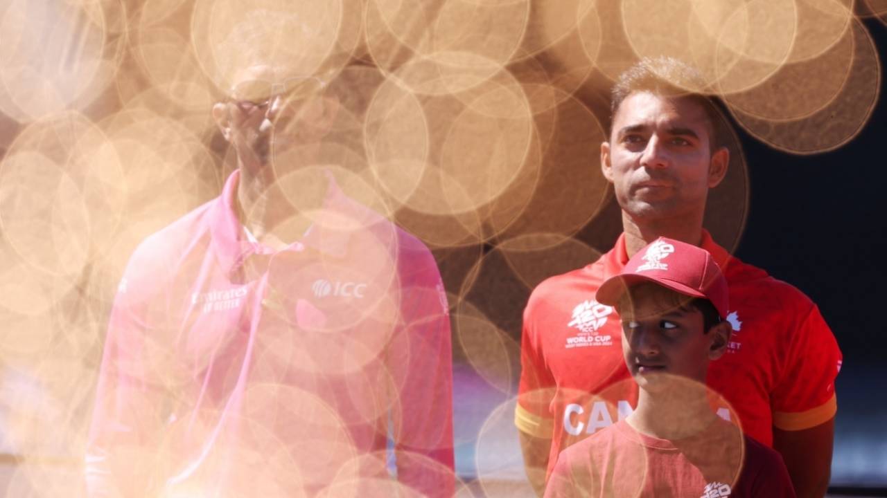 Canada captain Saad bin Zafar lines up for the national anthems, Canada vs Pakistan, T20 World Cup 2024, New York, June 11, 2024