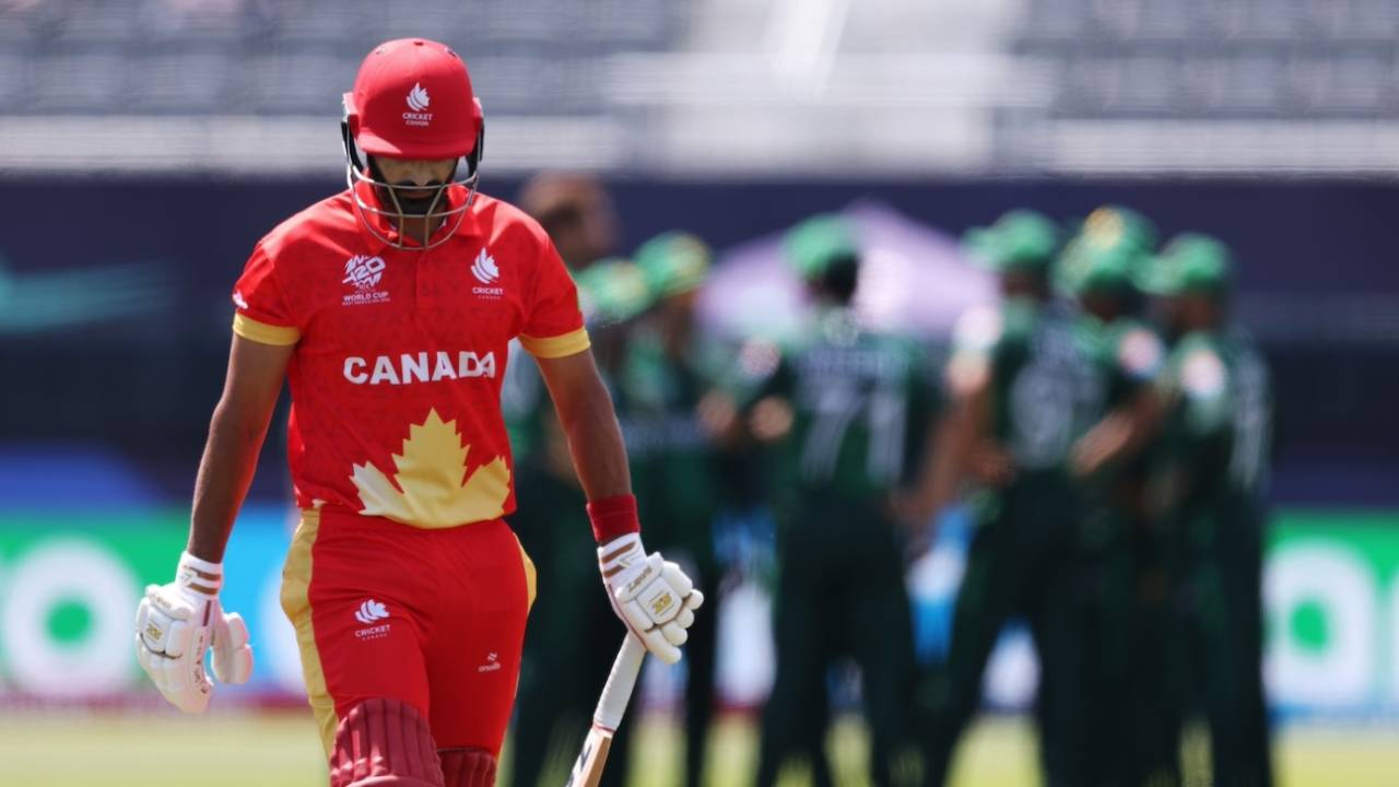 Pargat Singh walks back after being dismissed by Shaheen Afridi, Canada vs Pakistan, T20 World Cup 2024, New York, June 11, 2024