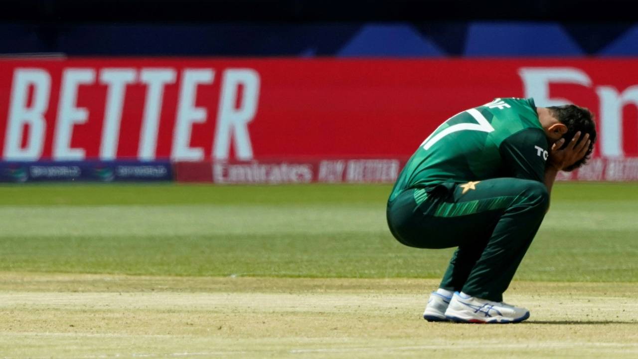 Haris Rauf reacts as a run is taken off his bowling, Canada vs Pakistan, T20 World Cup 2024, New York, June 11, 2024