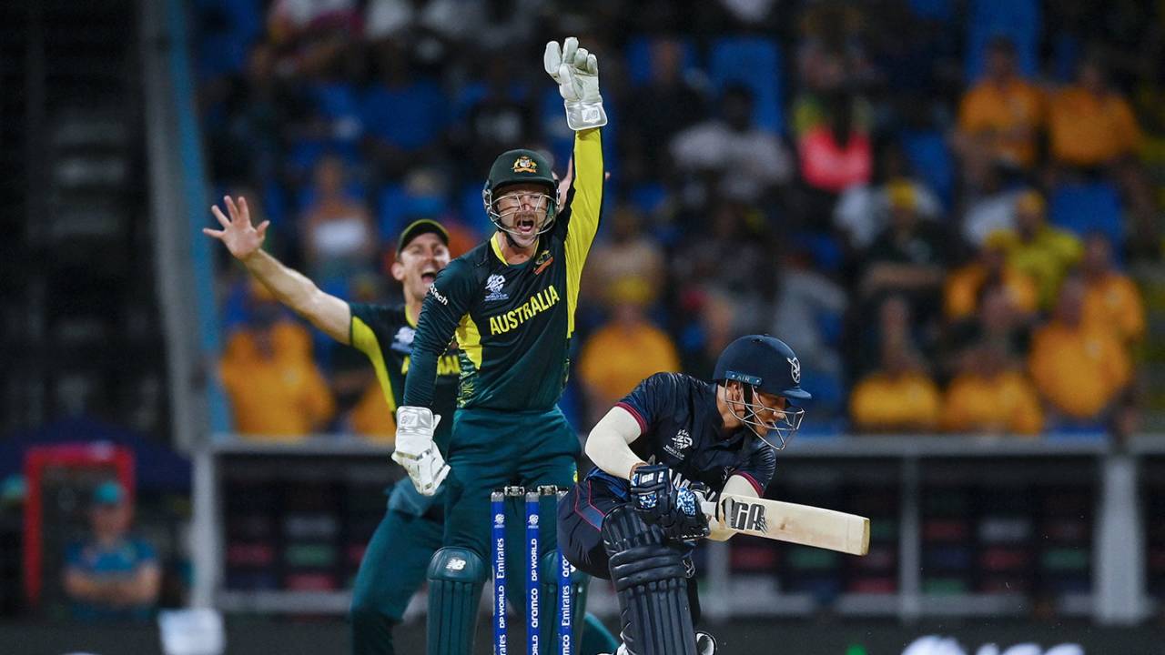 Australia appeal successfully for the wicket of Zane Green, Australia vs Namibia, T20 World Cup 2024, North Sound, June 11, 2024