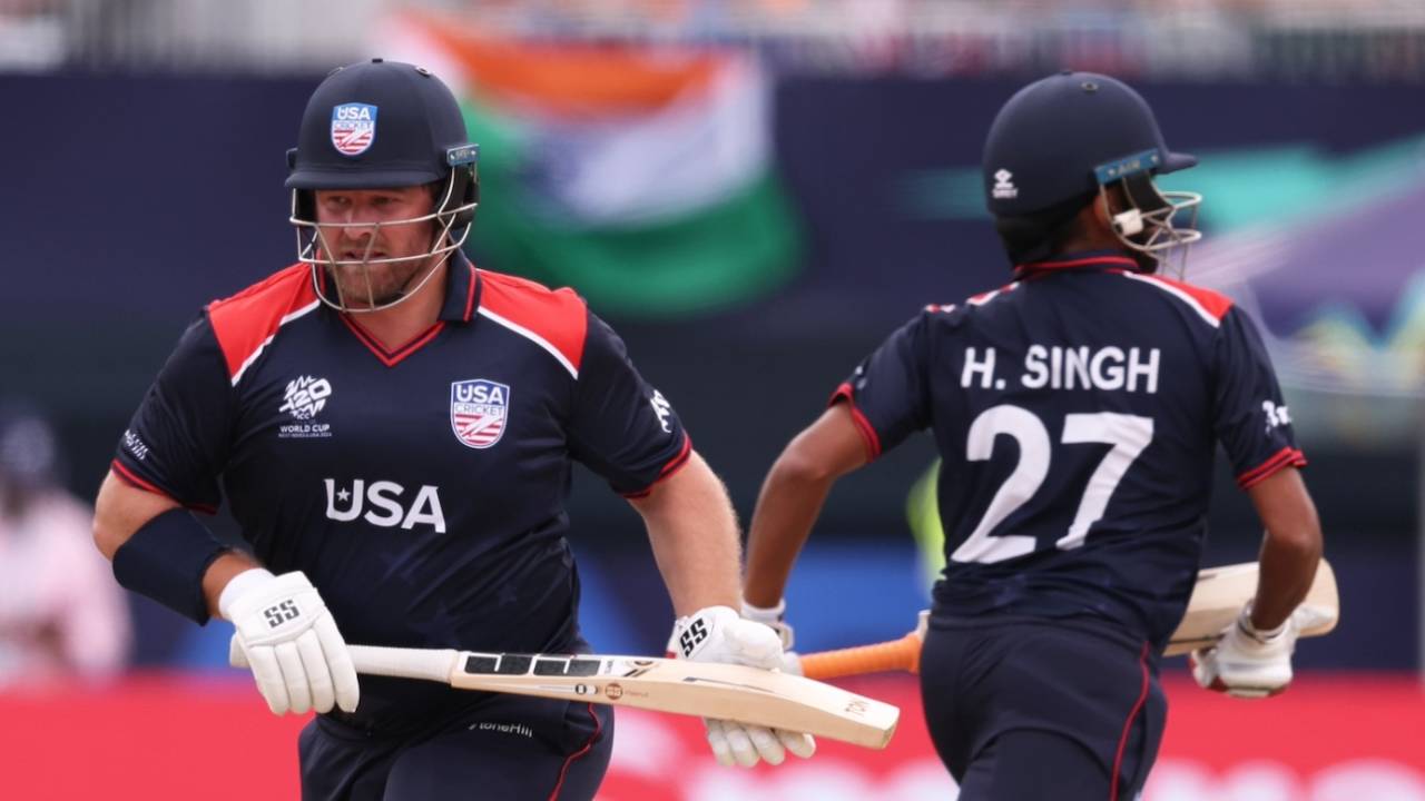 Corey Anderson and Harmeet Singh dash across for a single, USA vs India, T20 World Cup 2024, New York, June 12, 2024