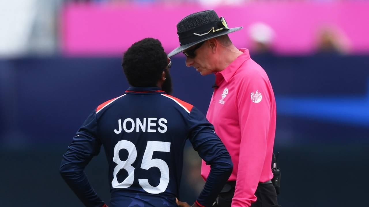 Aaron Jones checks with Paul Reiffel after USA were penalised five runs, USA vs India, T20 World Cup 2024, New York, June 12, 2024