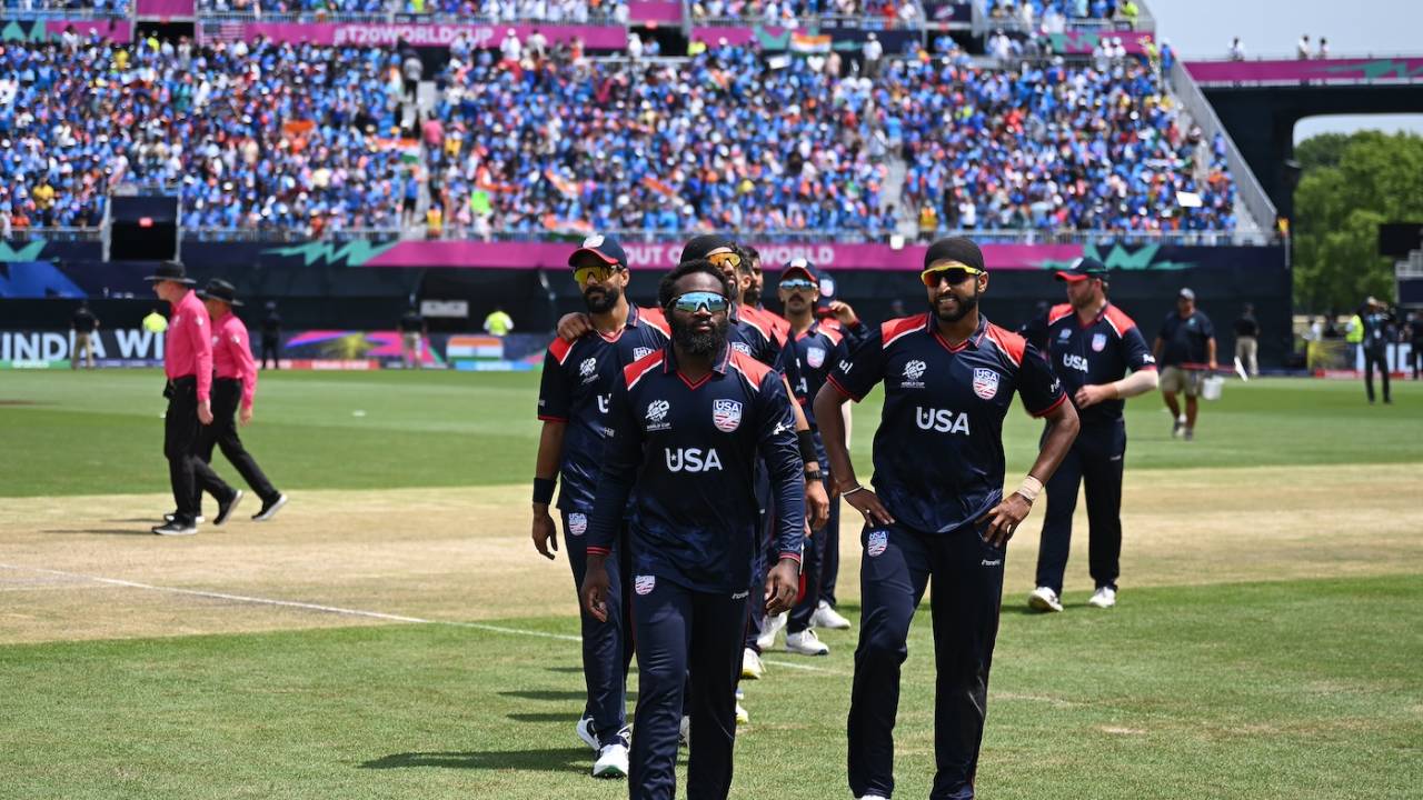 Aaron Jones leads the USA team off the field, USA vs India, T20 World Cup 2024, New York, June 12, 2024