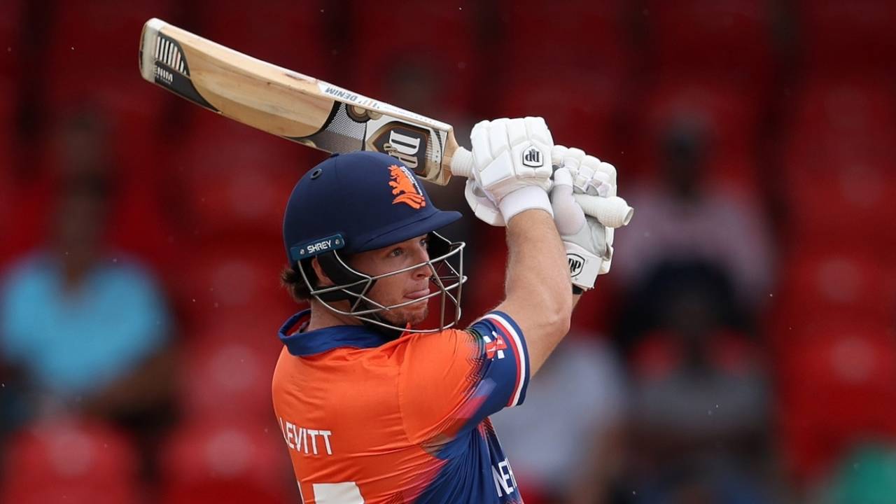 Michael Levitt gives the ball a good whack, Bangladesh vs Netherlands, T20 World Cup 2024, Kingstown, June 13, 2024