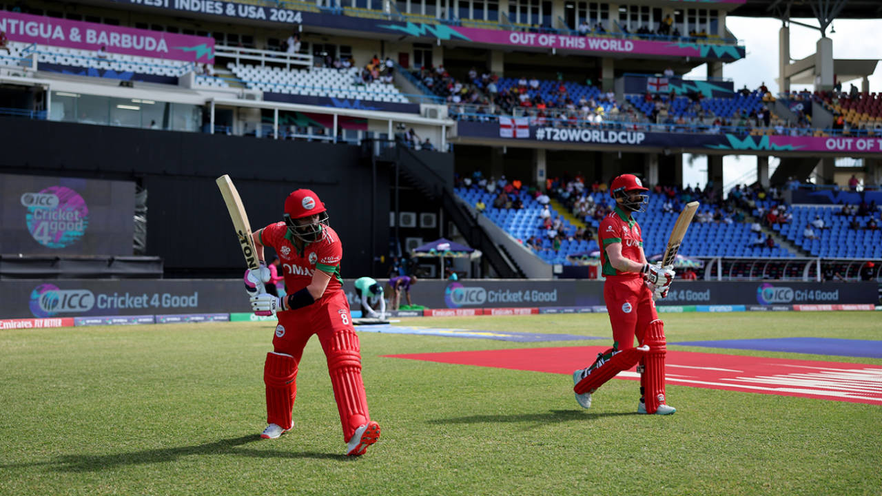 Kashyap Prajapati and Pratik Athavale head out to open the batting, England vs Oman, T20 World Cup, Group B, Antigua, June 13, 2024