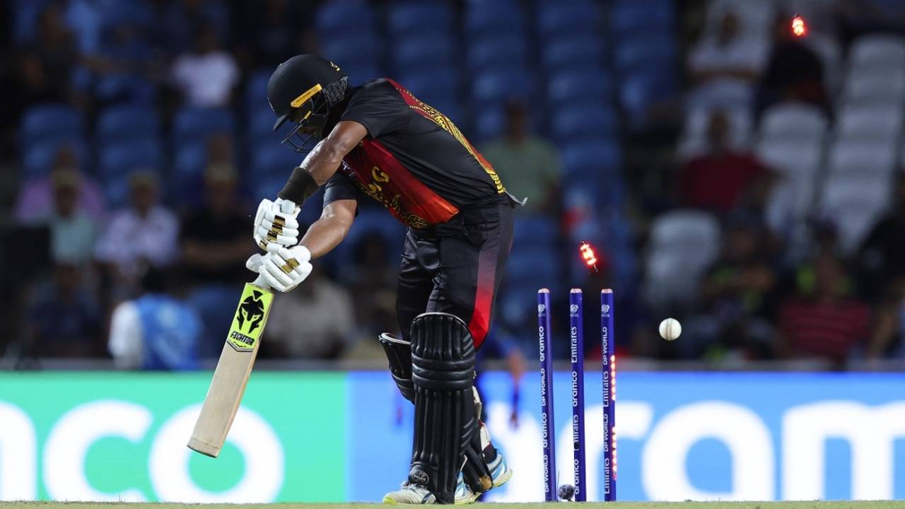 Tony Ura was bowled for 11 off 18 balls, Afghanistan vs PNG, T20 World Cup, Group C, Trinidad, June 13, 2024
