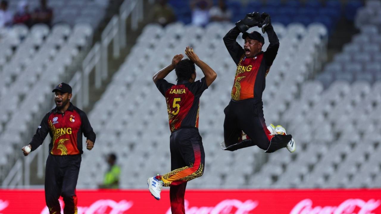 Kiplin Doriga and Semo Kamea celebrate a wicket, PNG vs Afghanistan, T20 World Cup, Group C, Tarouba, June 14, 2024