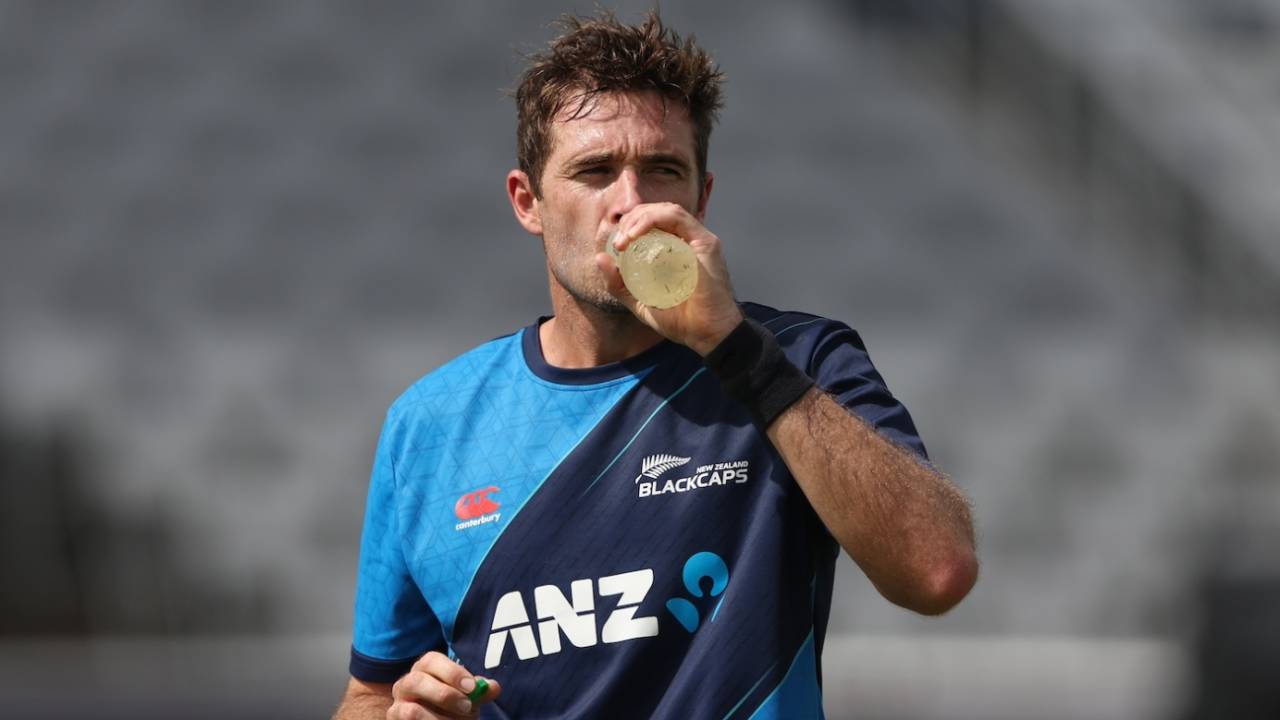Tim Southee takes a break during a training session, West Indies vs New Zealand, T20 World Cup, Tarouba, June 11, 2024