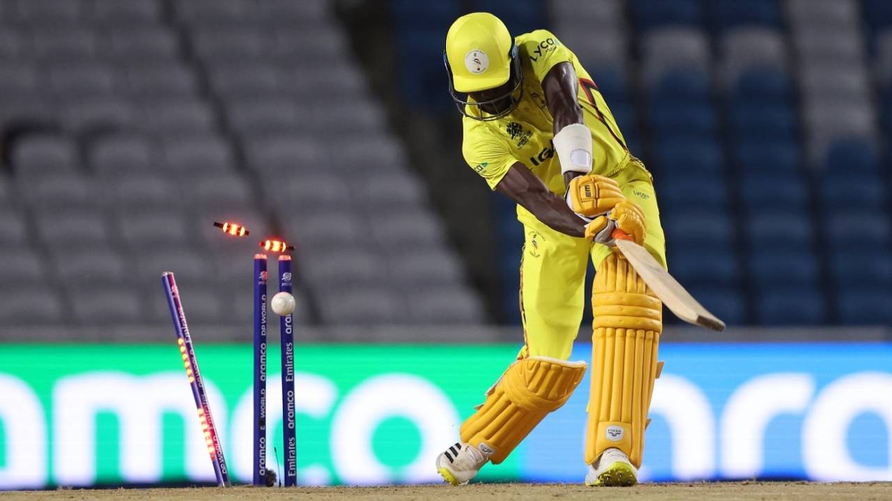Robinson Obuya was cleaned up for a golden duck, New Zealand vs Uganda, Men's T20 World Cup, Tarouba, June 14, 2024