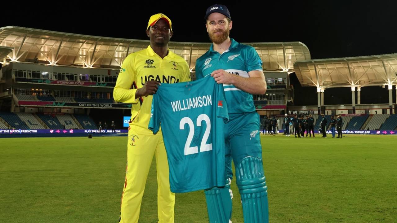 Kane Williamson presents Brian Masaba with a special jersey, New Zealand vs Uganda, Men's T20 World Cup, Tarouba, June 14, 2024
