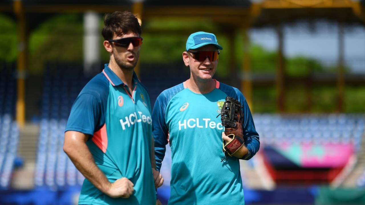Mitchell Marsh and Andrew McDonald keep an eye on the nets, T20 World Cup 2024, Gros Islet, June 14, 2024