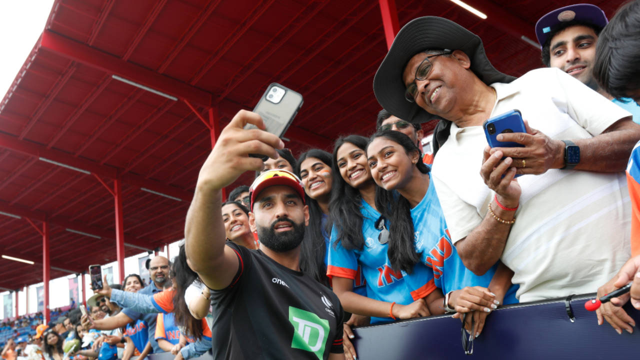 Canada's Ravinderpal Singh gives fans reasons to smile on an otherwise dreary day at the cricket, Canada vs India, T20 World Cup 2024, Group A, Lauderhill, June 15, 2024