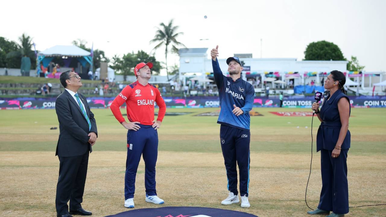 Gerhard Erasmus flips the coin - Jos Buttler called wrong and had to bat first, England vs Namibia, T20 World Cup 2024, North Sound, June 15, 2024