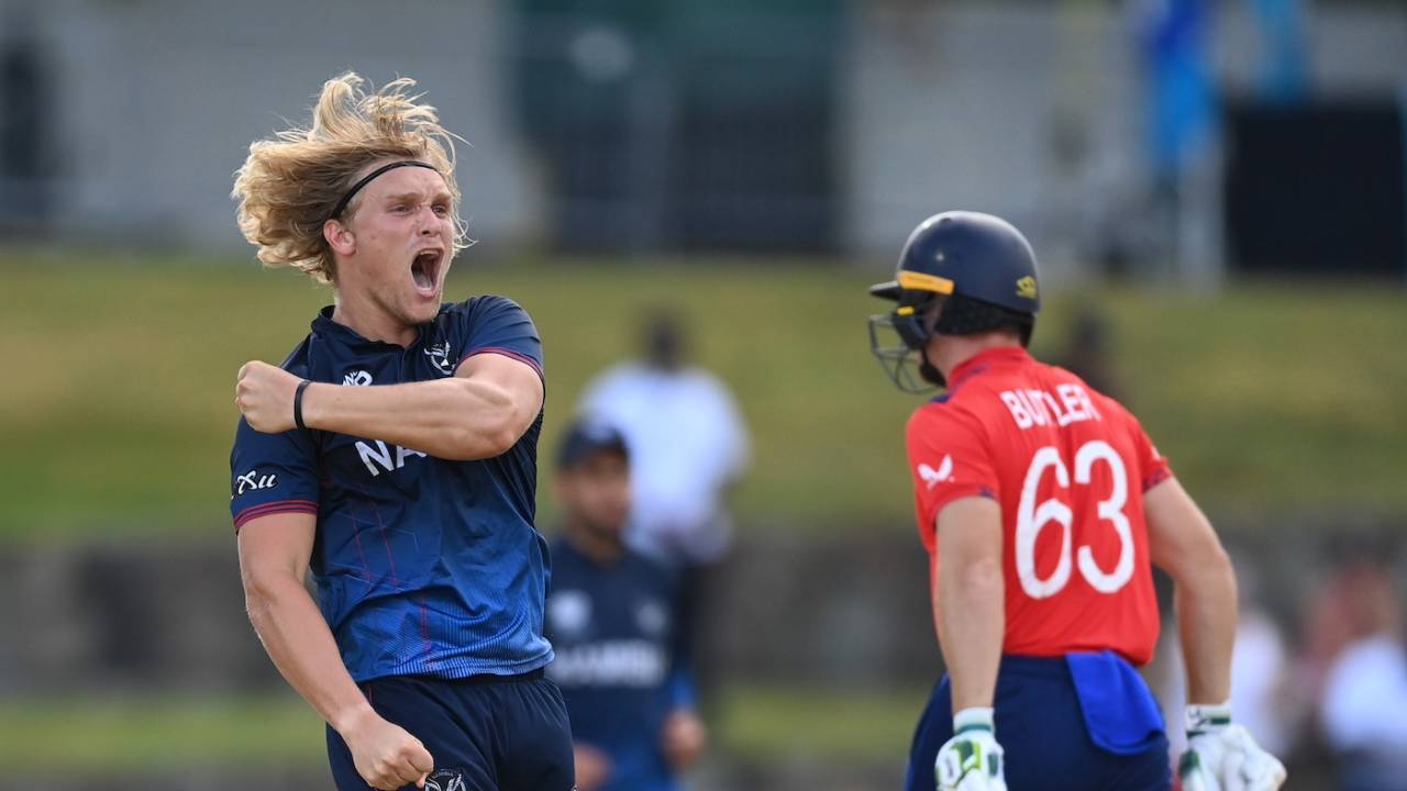 Ruben Trumpelmann got the first wicket of the match, England vs Namibia, T20 World Cup 2024, North Sound, June 15, 2024