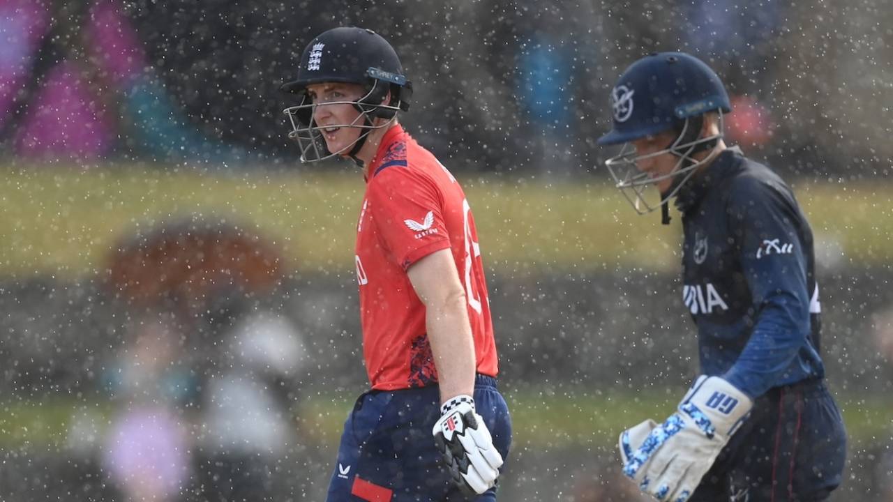 Harry Brook and Zane Green walk off as the rain returns, England vs Namibia, T20 World Cup 2024, North Sound, June 15, 2024