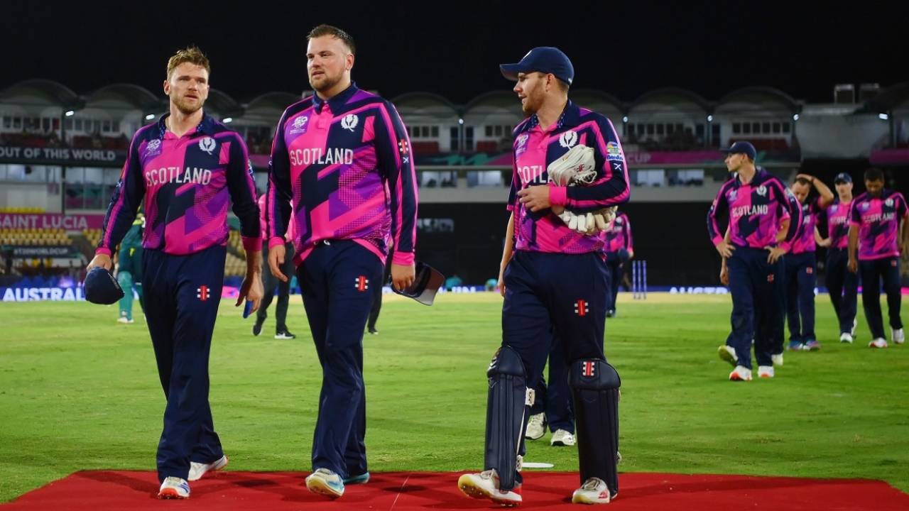 A dejected Richie Berrington, Mark Watt and Matthew Cross walk back, Australia vs Scotland, T20 World Cup 2024, Gros Islet, June 15, 2024