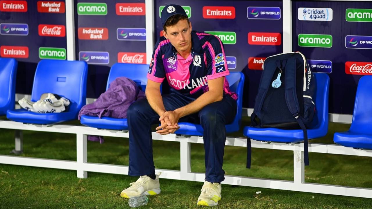 Brad Wheal cuts a lonely figure after Scotland's thrilling defeat, Australia vs Scotland, T20 World Cup 2024, Gros Islet, June 15, 2024