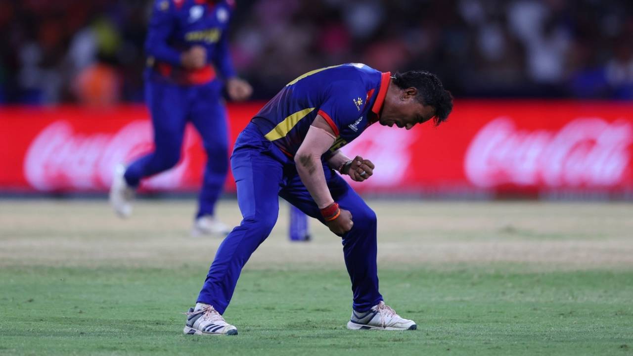 Sompal Kami is pumped up after dismissing Litton Das, Bangladesh vs Nepal, T20 World Cup 2024, Kingstown, June 16, 2024