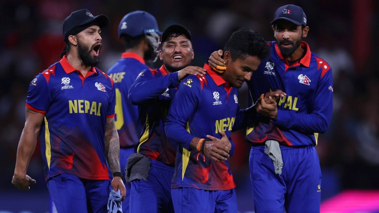 Rohit Paudel is congratulated for dismissing Shakib Al Hasan, Bangladesh vs Nepal, T20 World Cup 2024, Kingstown, June 16, 2024