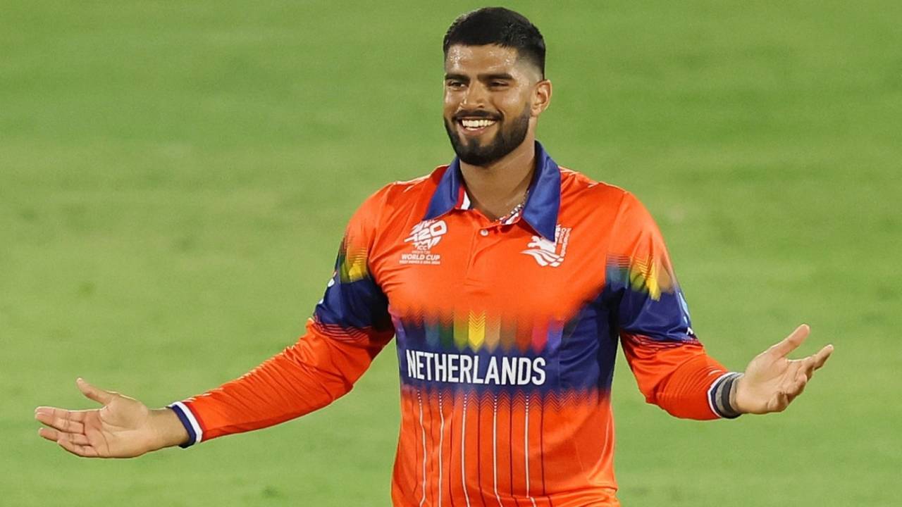 Aryan Dutt celebrates the dismissal of Kusal Mendis, Netherlands vs Sri Lanka, T20 World Cup 2024, Gros Islet, June 16, 2024