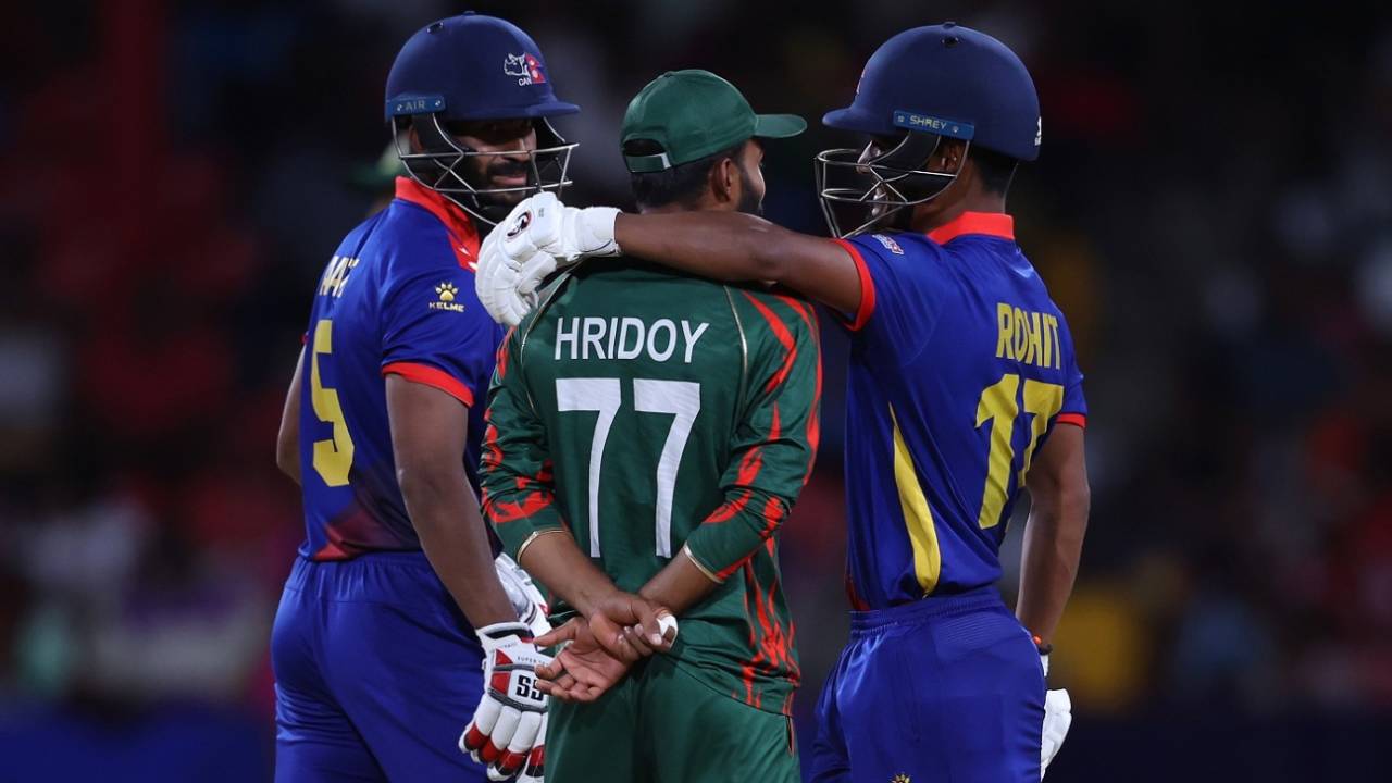 Aasif Sheikh, Towhid Hridoy and Rohit Paudel share a light moment, Bangladesh vs Nepal, T20 World Cup 2024, Kingstown, June 16, 2024