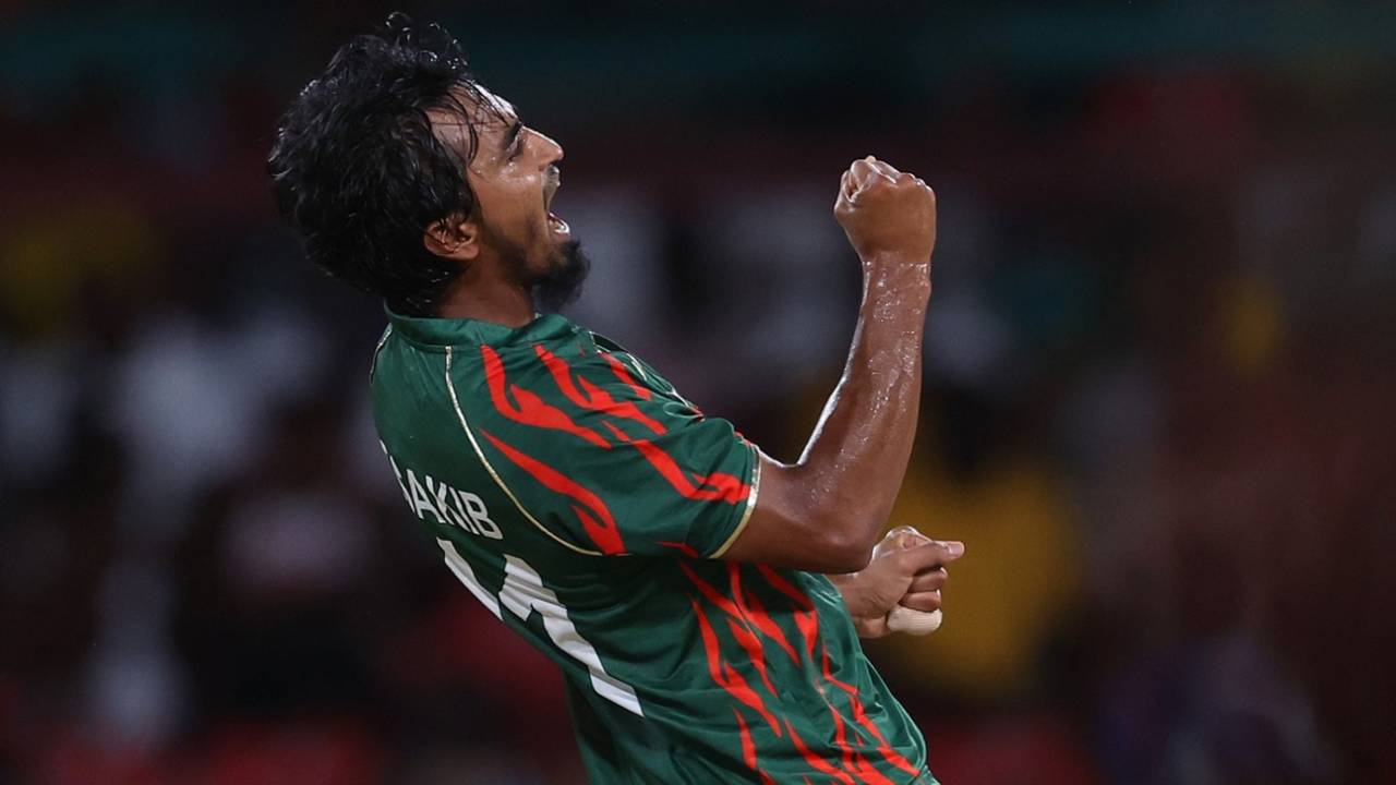 Tanzim Hasan Sakib dismissed Sundeep Jora for his fourth wicket, Bangladesh vs Nepal, T20 World Cup 2024, Kingstown, June 16, 2024