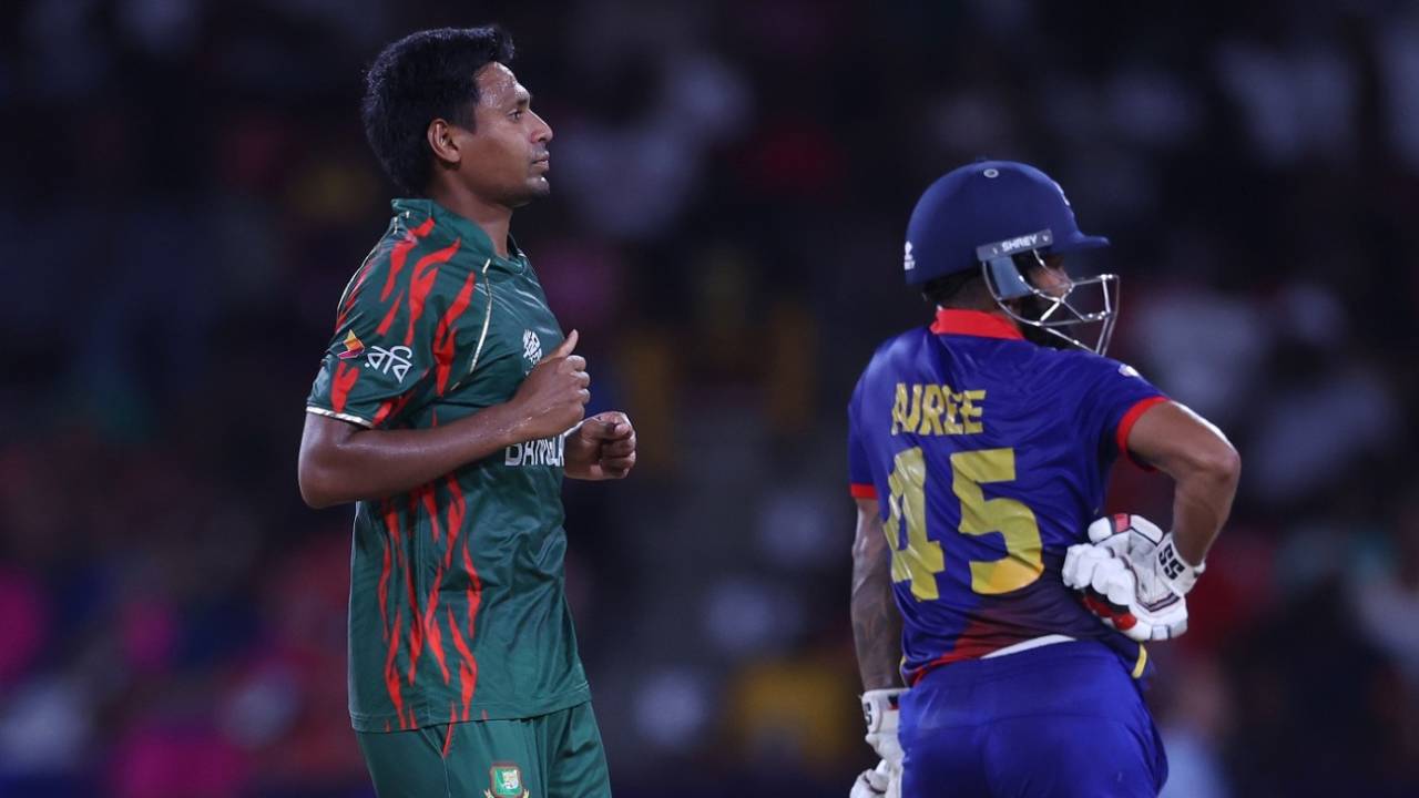 Mustafizur Rahman bowled a wicket maiden to Dipendra Singh Airee, Bangladesh vs Nepal, T20 World Cup 2024, Kingstown, June 16, 2024