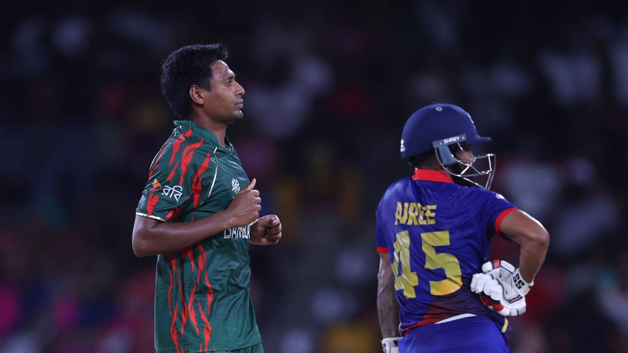Mustafizur Rahman bowled a wicket maiden to Dipendra Singh Airee, Bangladesh vs Nepal, T20 World Cup 2024, Kingstown, June 16, 2024