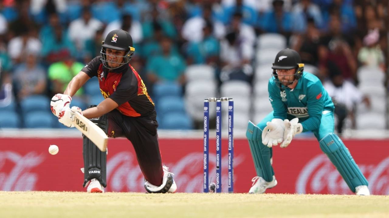Charles Amini plays the sweep, New Zealand vs PNG, Tarouba,T20 World Cup 2024, June 17, 2024