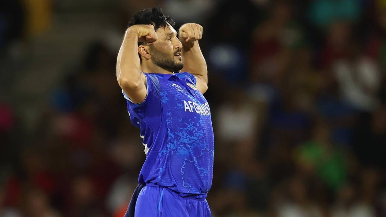 Gulbadin Naib celebrates the wicket of Shai Hope, West Indies vs Afghanistan, T20 World Cup, St Lucia, June 17, 2024