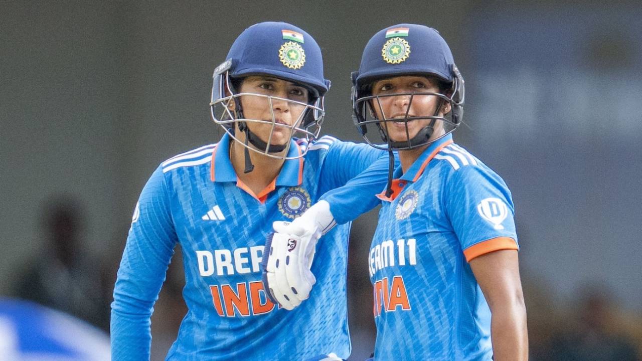 Feels good, doesn't it? Smriti Mandhana and Harmanpreet Kaur take a moment off during their big stand, India vs South Africa, 2nd women's ODI, Bengaluru, June 19, 2024