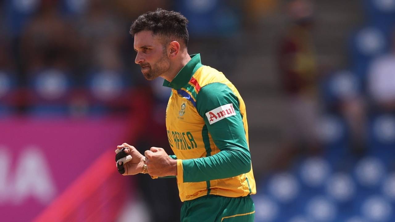 Keshav Maharaj celebrates after getting rid of Jonny Bairstow, England vs South Africa, T20 World Cup 2024, Super Eight, St Lucia, June 21, 2024
