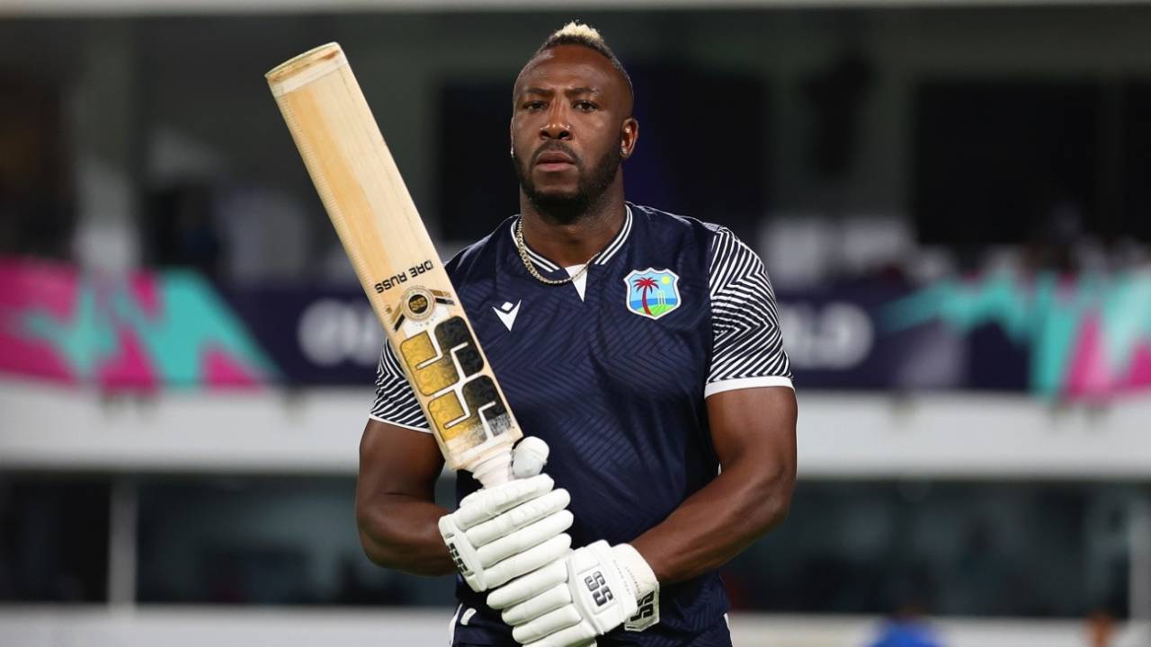 Andre Russell warms up for the match, West Indies vs USA, T20 World Cup 2024, Super Eight, Bridgetown, June 21, 2024