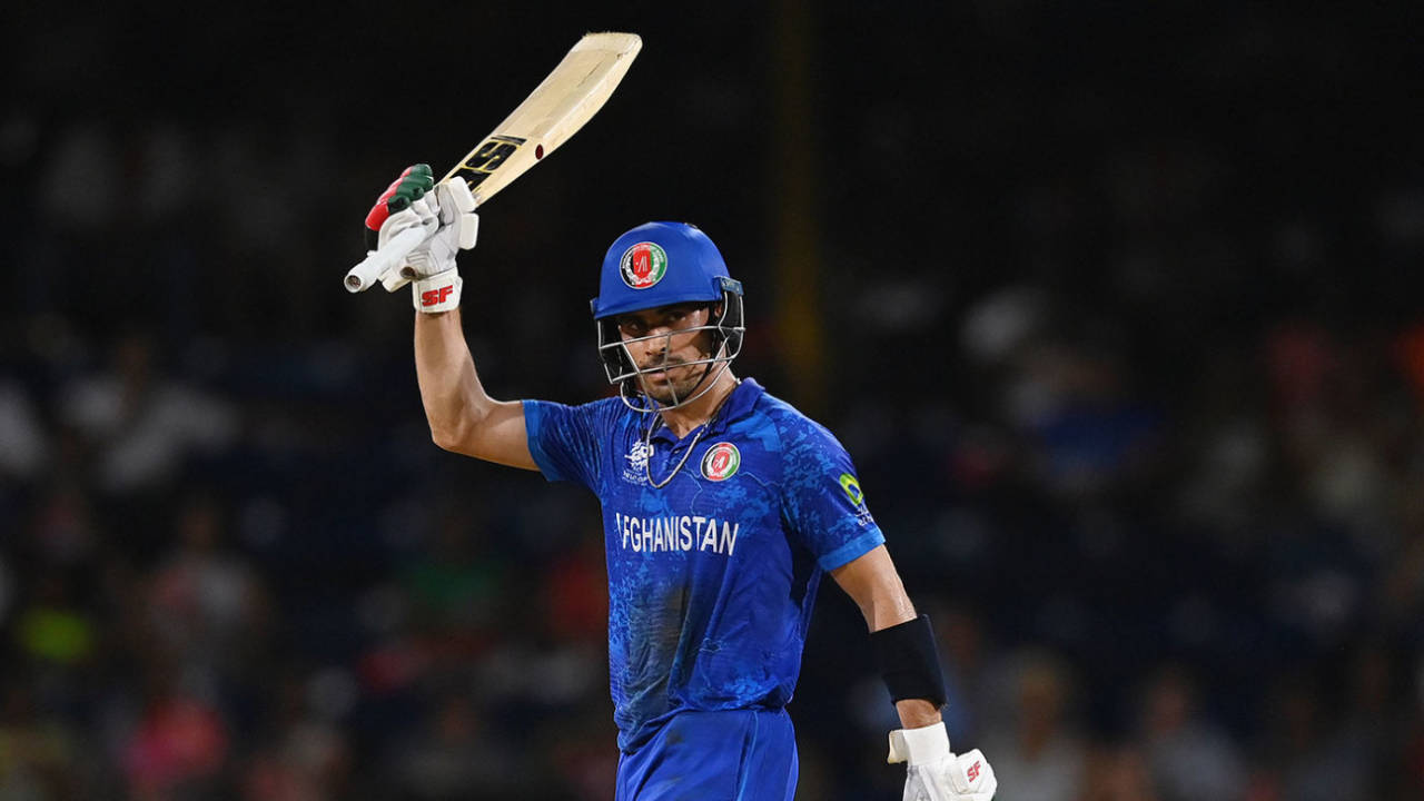 Rahmanullah Gurbaz acknowledges his fifty, Afghanistan vs Australia, T20 World Cup, Super Eight, Group 1, Kingstown, June 22, 2024