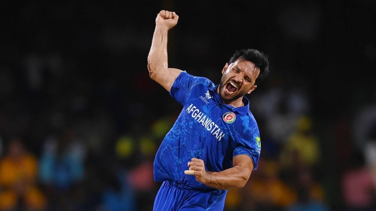 Gulbadin Naib celebrates after having Marcus Stoinis caught behind, Afghanistan vs Australia, T20 World Cup, Super Eight, Group 1, Kingstown, June 22, 2024